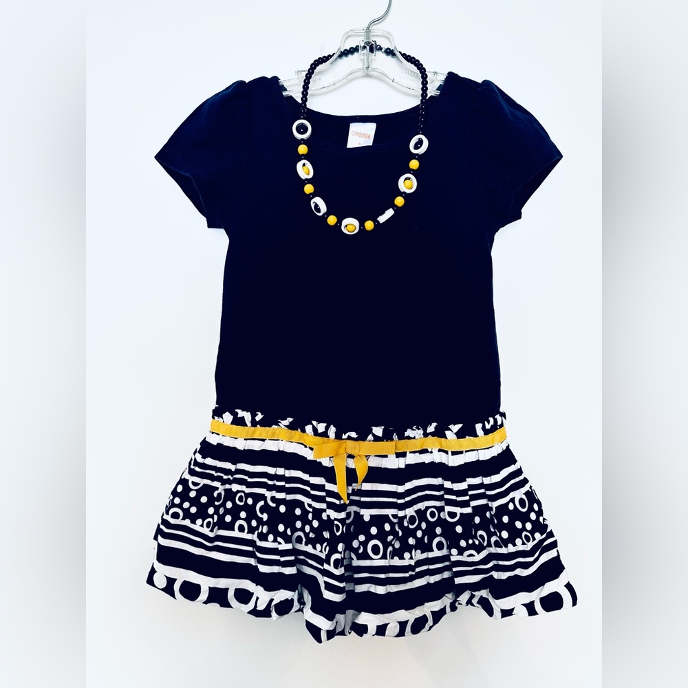 Gymboree Navy & Yellow Girls 5T Bubble Dress & Necklace